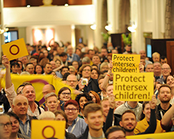 A crowd holding up yellow signs with the intersex pride flag and signs that read "Protect Intersex Children."