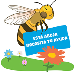 Miel de abejas sosteniendo un cartel con "¡Esta abeja necesita tu ayuda!".