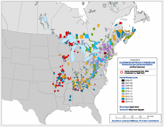 Recente kaart met de verspreiding van het witneus syndroom tussen 2006 en 2015. Kaart door Cal Butchkiski, PA Game Commission. Klik om te vergroten. Map Showing Range of White-nose Syndrome