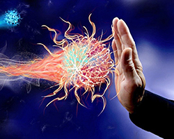 An illustration of a hand holding off a pathogen.