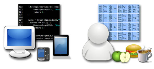 An illustration of code for computers (behind a computer and smart devices) vs. (DNA) code for life (behind a person, fruit, and other food).