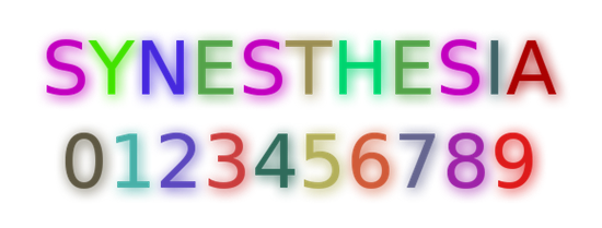 The word "synesthesia" and numbers 0-9 drawn out in different colors to show what some synaesthetics might experience.