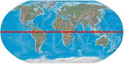 This image looks as though a globe has been flattens to show a map of the world. There is a thick red line running horizontally across the map that represents the Equator.