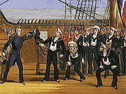 Drawing of sailors on the deck of a wooden ship.