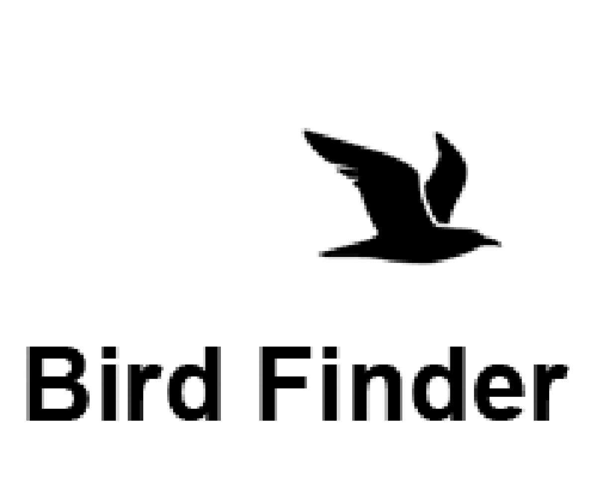 Bird finder icon, showing black illustration of a bird flying with the words "Bird Finder"