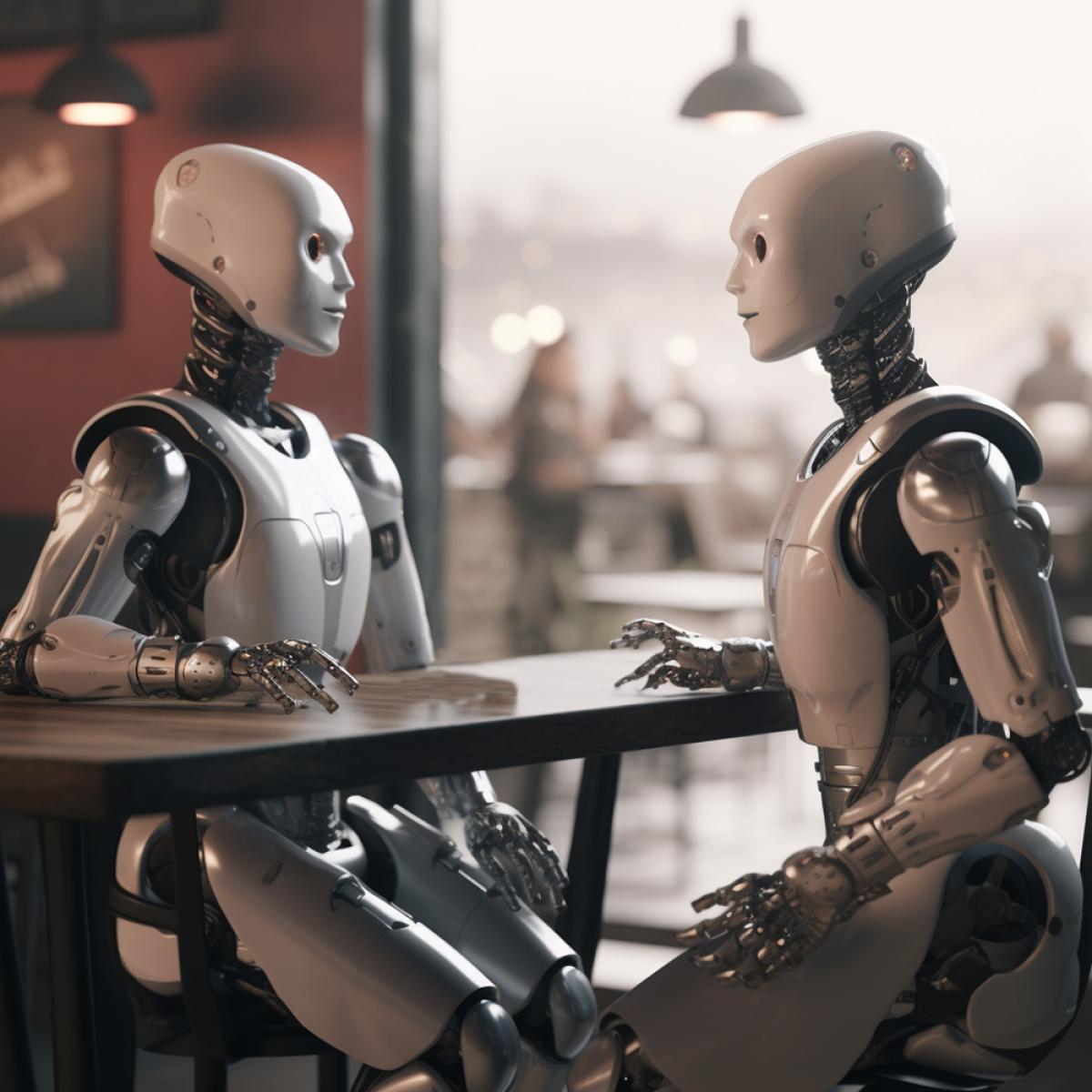 Photo-realistic image of two robots sitting in a coffee shop.