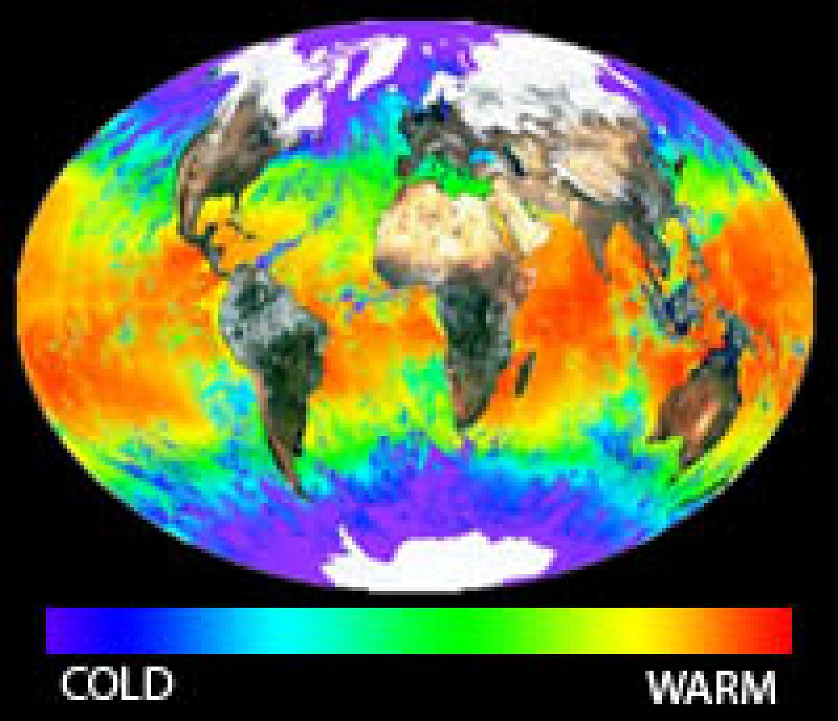 Map of the Earth showing surface temperatures